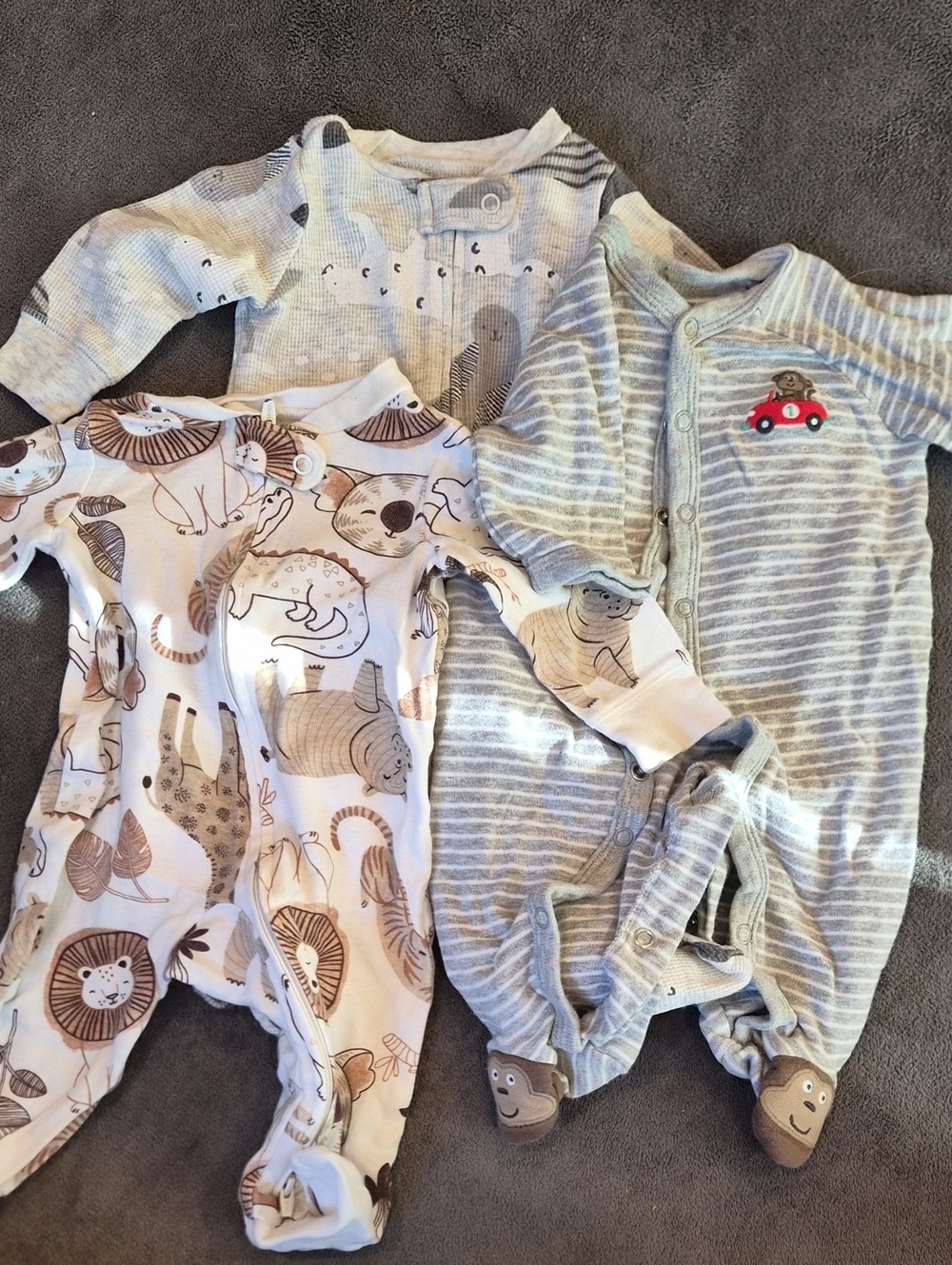 Unbranded Kids' Gray & Cream Animal One-Piece Sleepers - 3 Pack